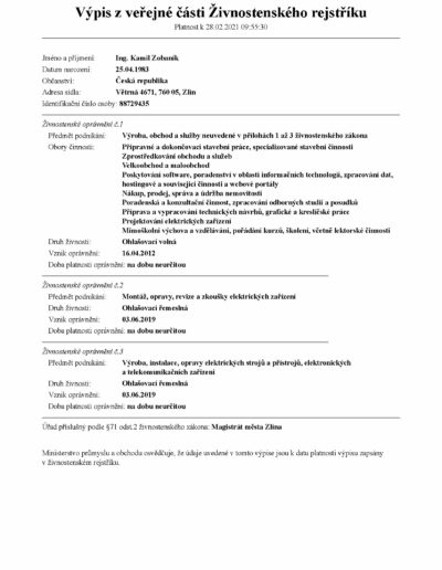 Výpis z živnostenského rejstříku